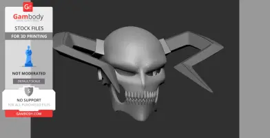 A 3D model of a skull-like mask with sharp teeth and protruding spiked horns, designed for 3D printing.