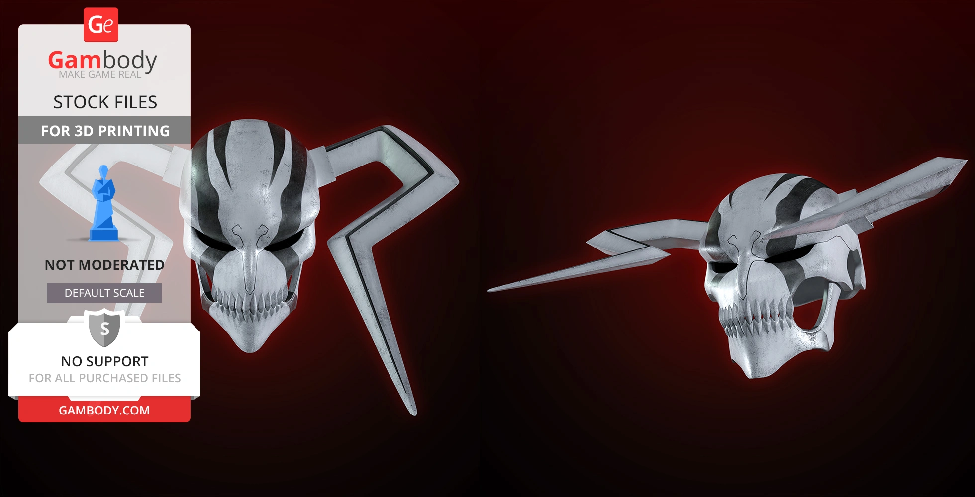 White Vasto Lorde mask with sharp horns and teeth, resembling a skull, against a dark red background.