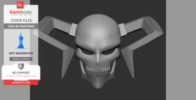 A 3D model of a menacing skull-like mask with large, angular horns for 3D printing.