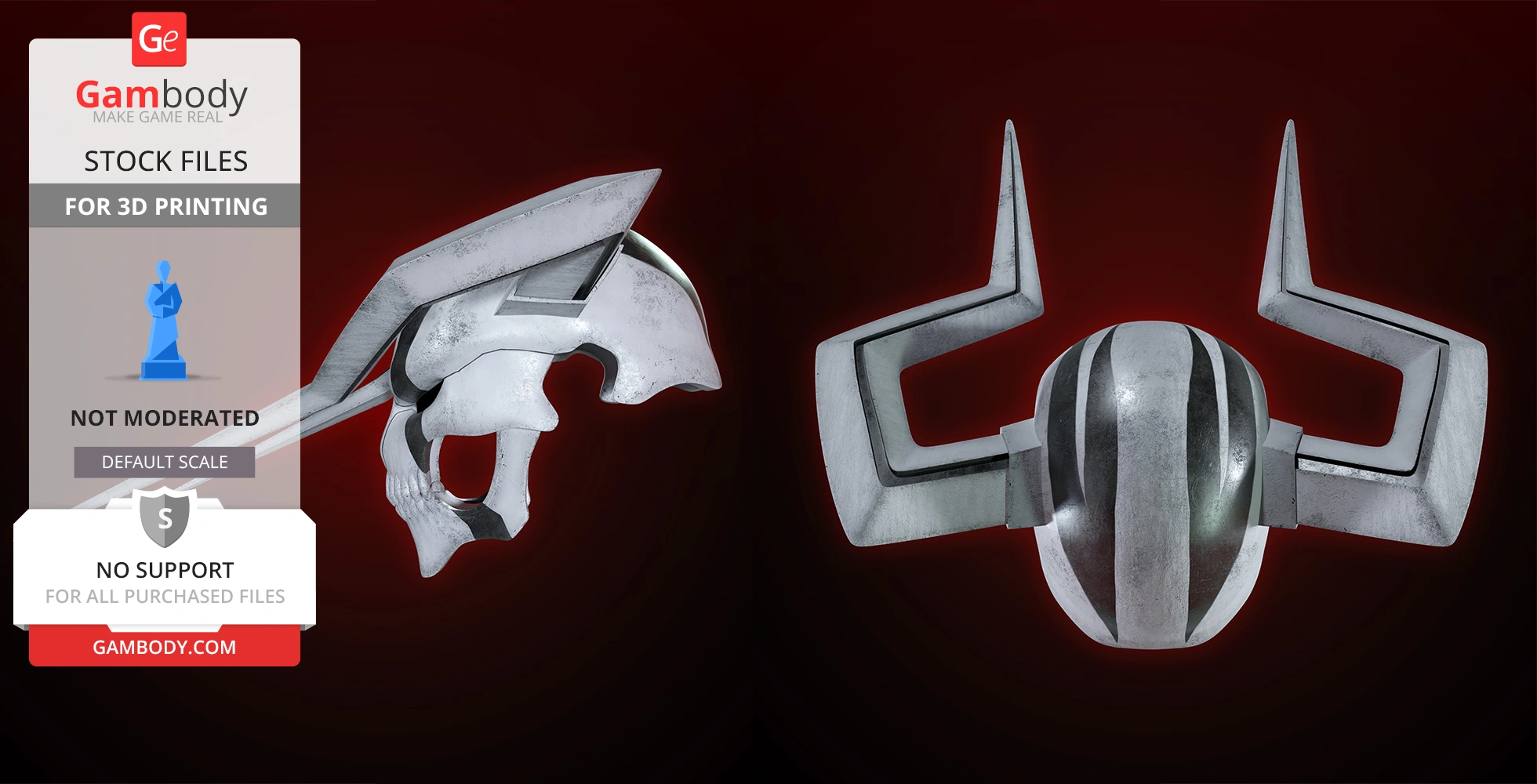 3D model of a Vasto Lorde mask with horn-like protrusions and striped design, for 3D printing.