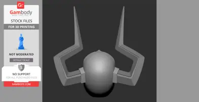 3D model of a stylized mask with large, pointy horn-like extensions for 3D printing.