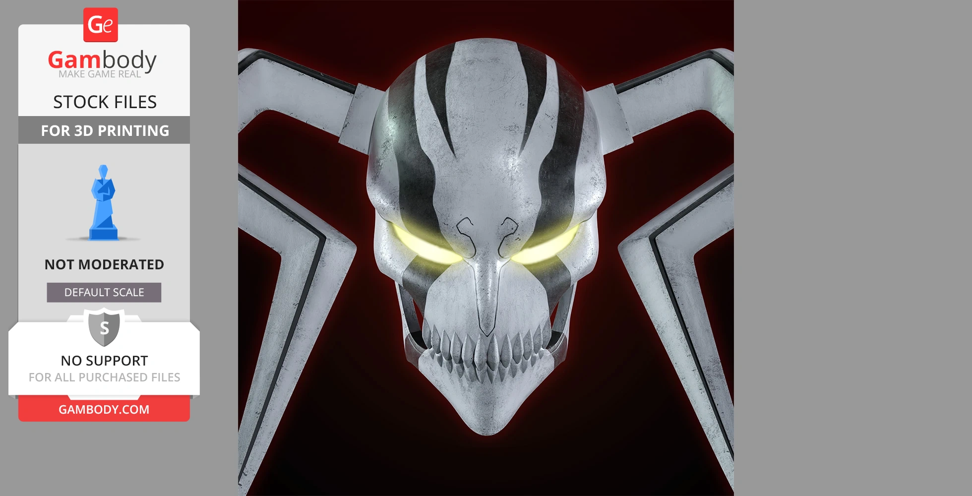 A skeletal mask with glowing yellow eyes and long, angular protrusions, designed for 3D printing.