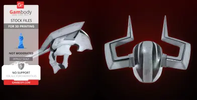 3D model of a Vasto Lorde mask with horn-like protrusions and striped design, for 3D printing.