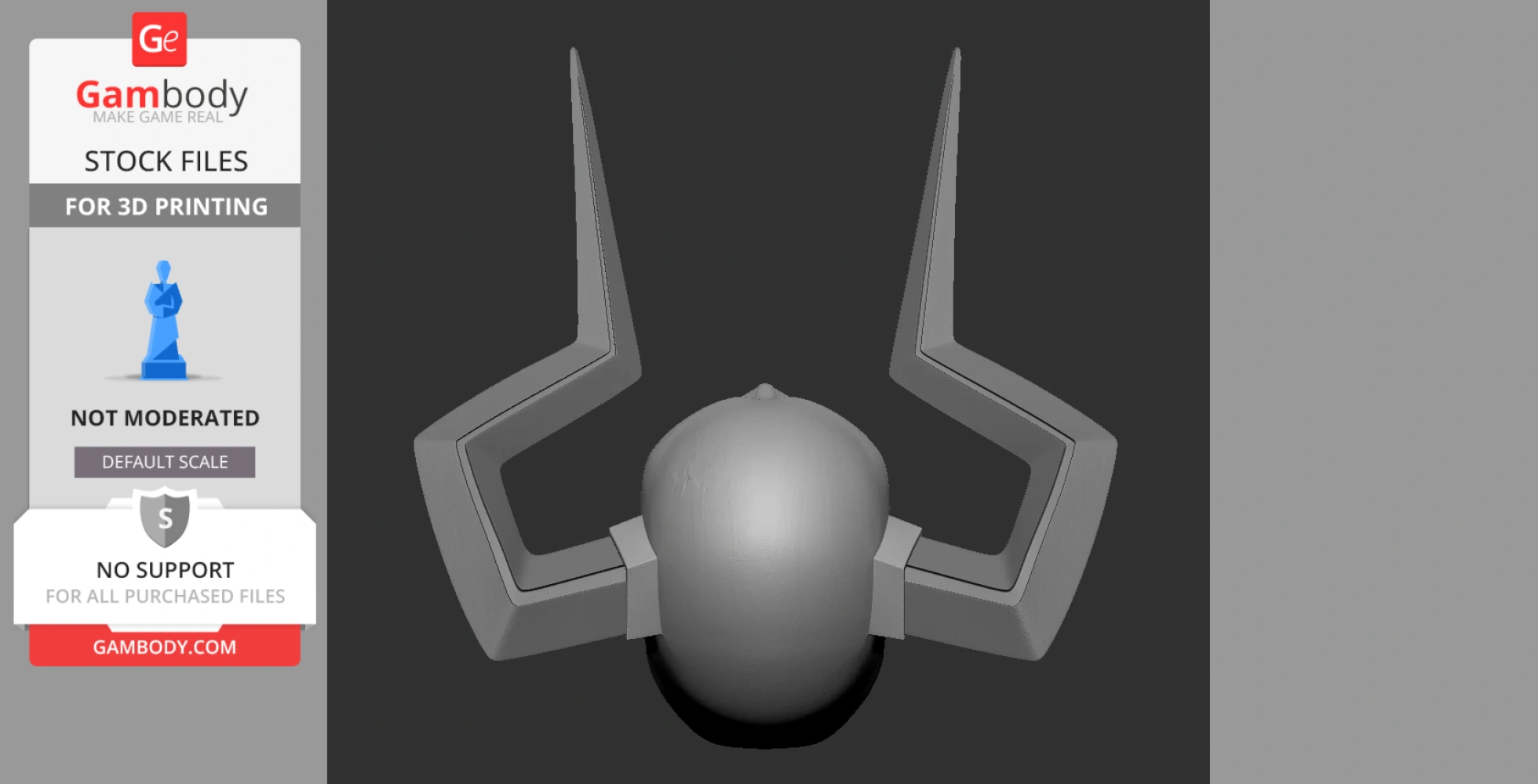 3D model of a stylized mask with large, pointy horn-like extensions for 3D printing.