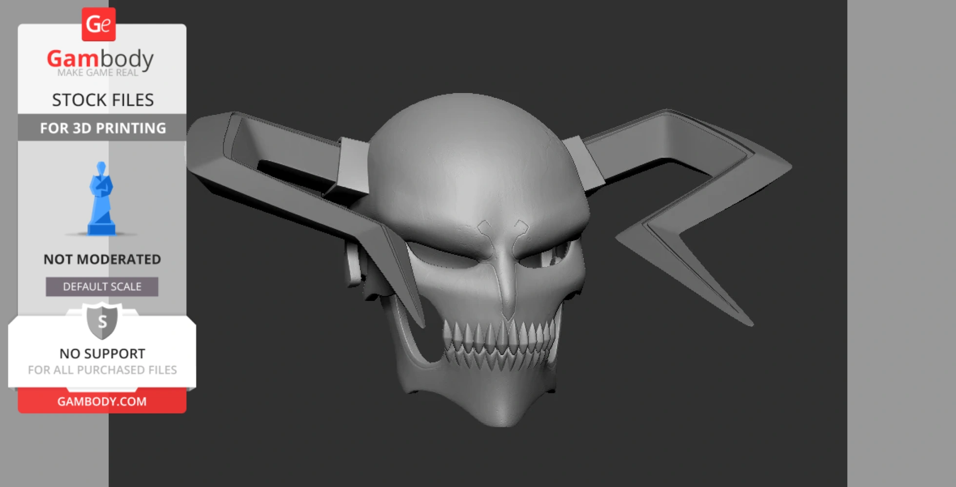 A 3D model of a skull-like mask with sharp teeth and protruding spiked horns, designed for 3D printing.