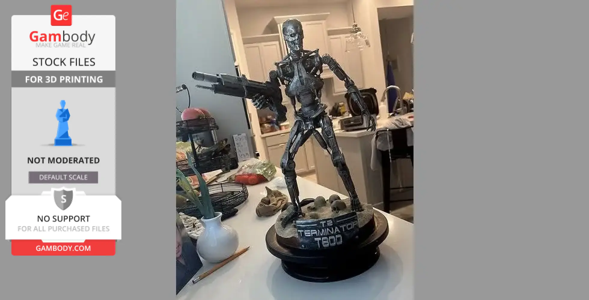 A detailed 3D printed model of a T-800 Endoskeleton holding a gun, standing on a display base.