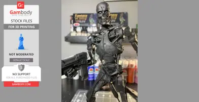 A detailed 3D-printed T-800 endoskeleton model from the Terminator series, holding a weapon.