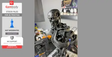 A detailed 3D-printed Terminator T-800 endoskeleton model with mechanical details and a visible weapon.