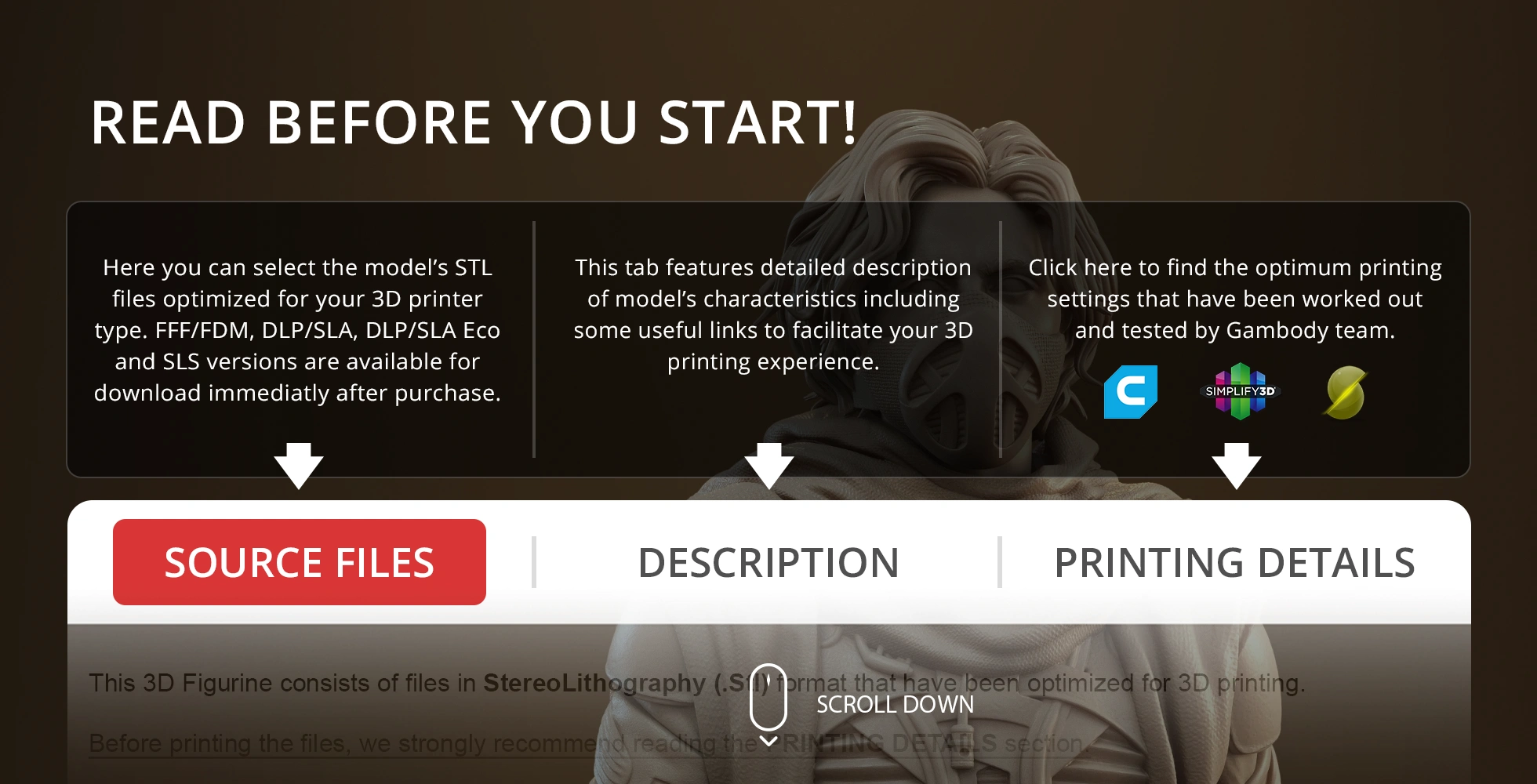 3D print files interface with options for source files, description, and printing details of a figurine.