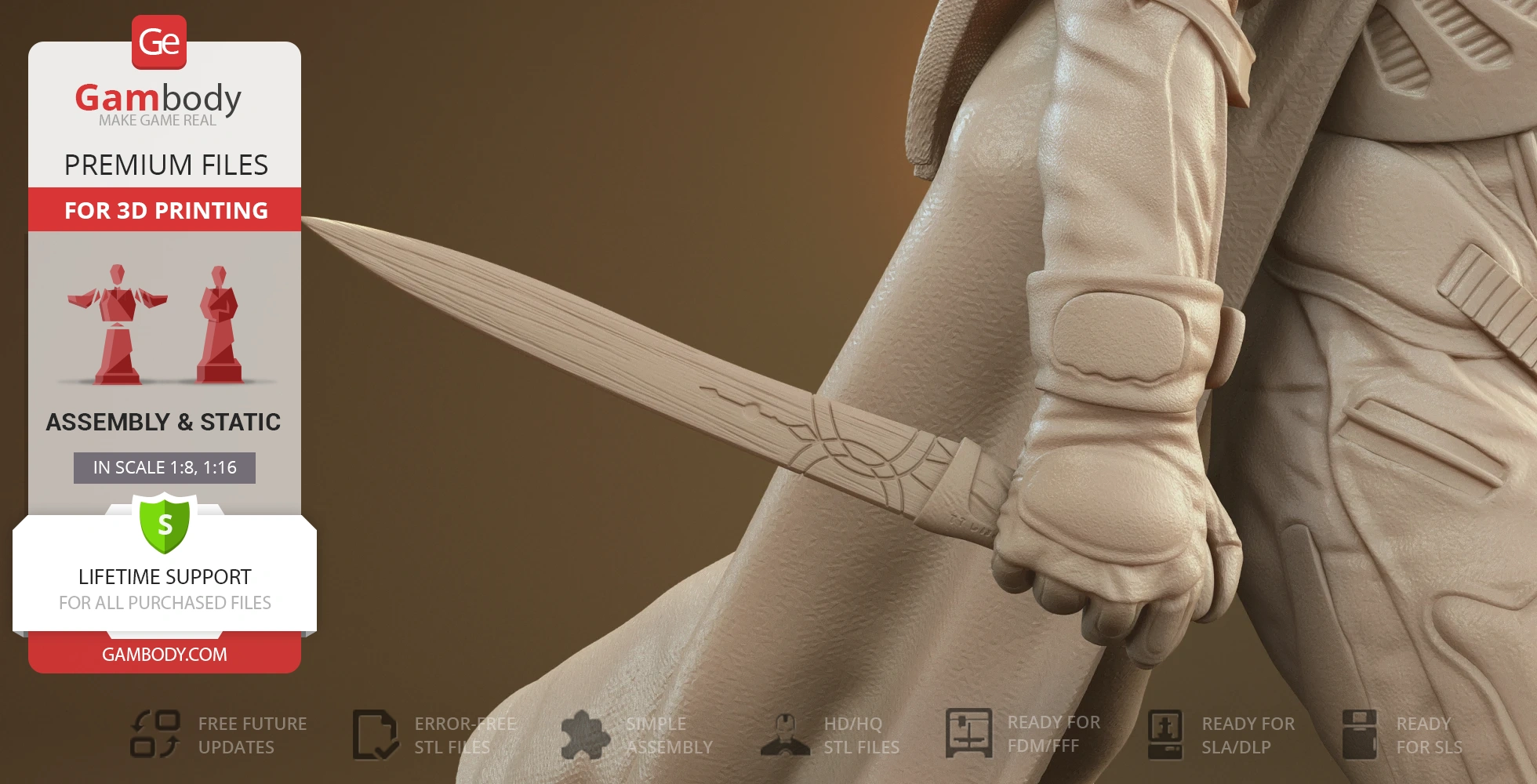 Close-up of a detailed 3D model of a sci-fi character holding a knife, ready for 3D printing.