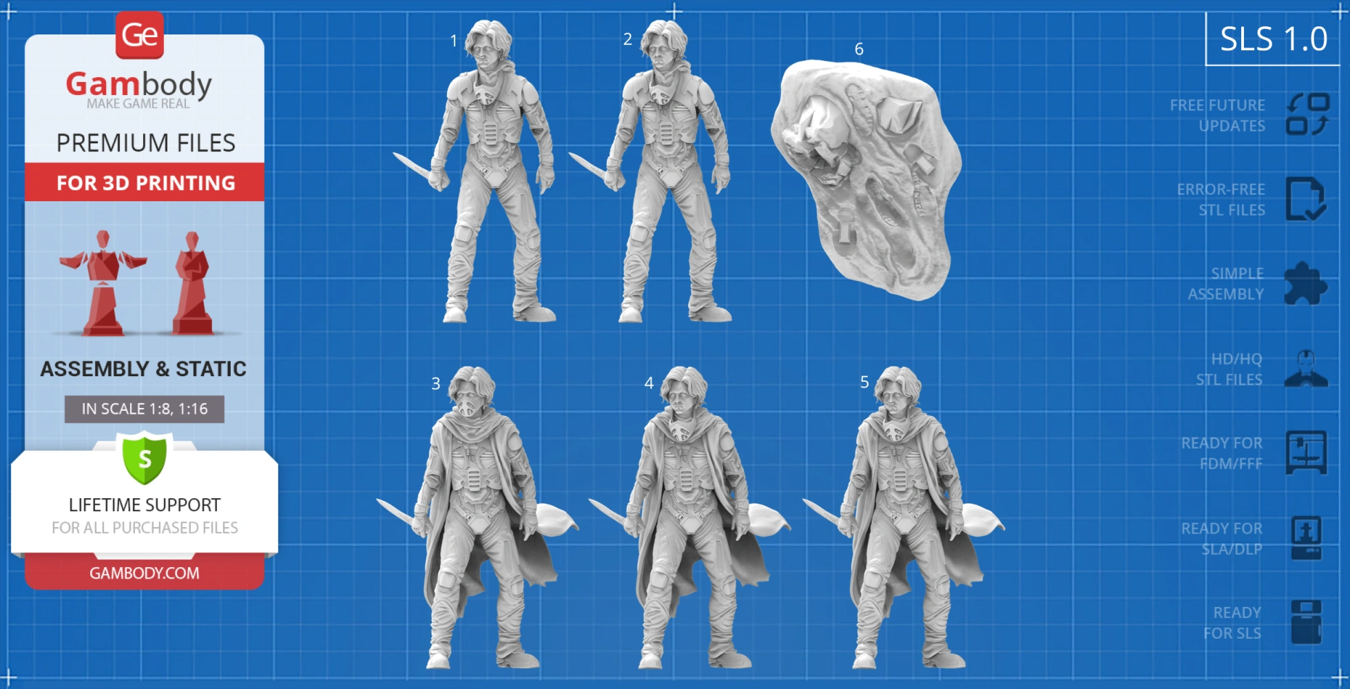 Six detailed 3D models of a figure in tactical armor with knives and a rocky base, designed for 3D printing.
