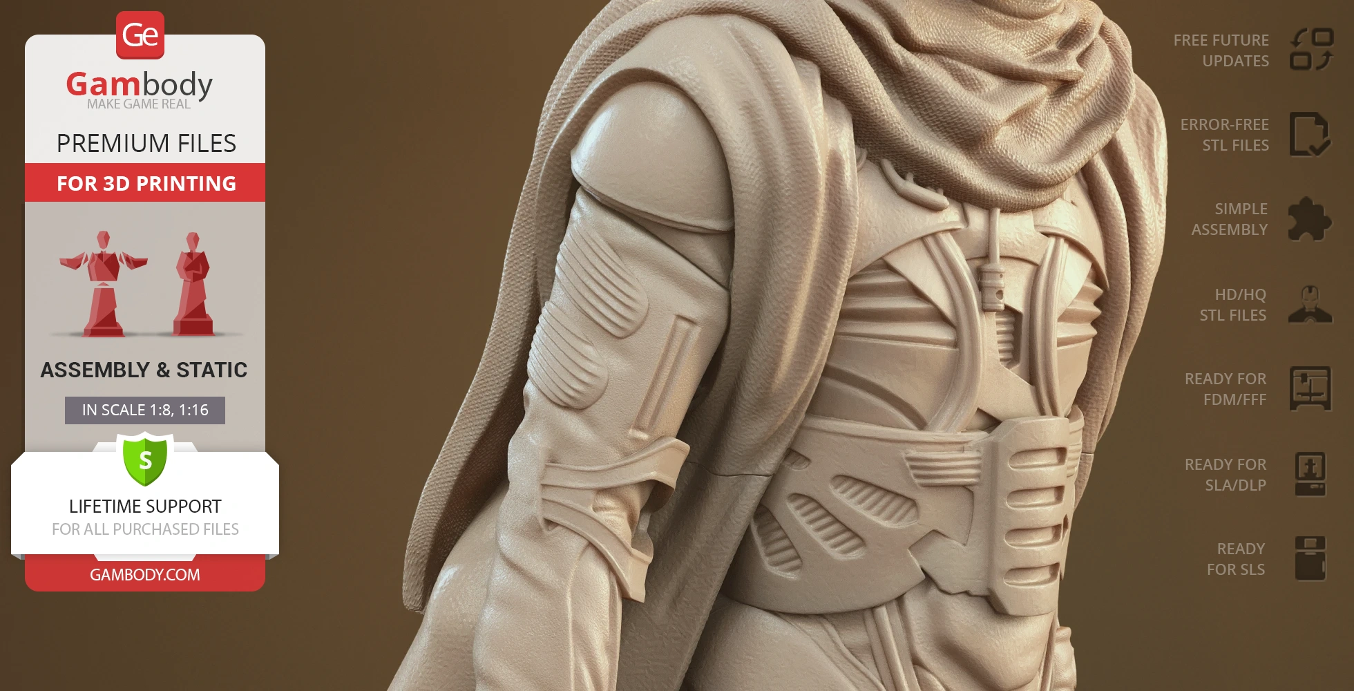 Detailed 3D model of a futuristic armor with a textured cloak, designed for 3D printing.