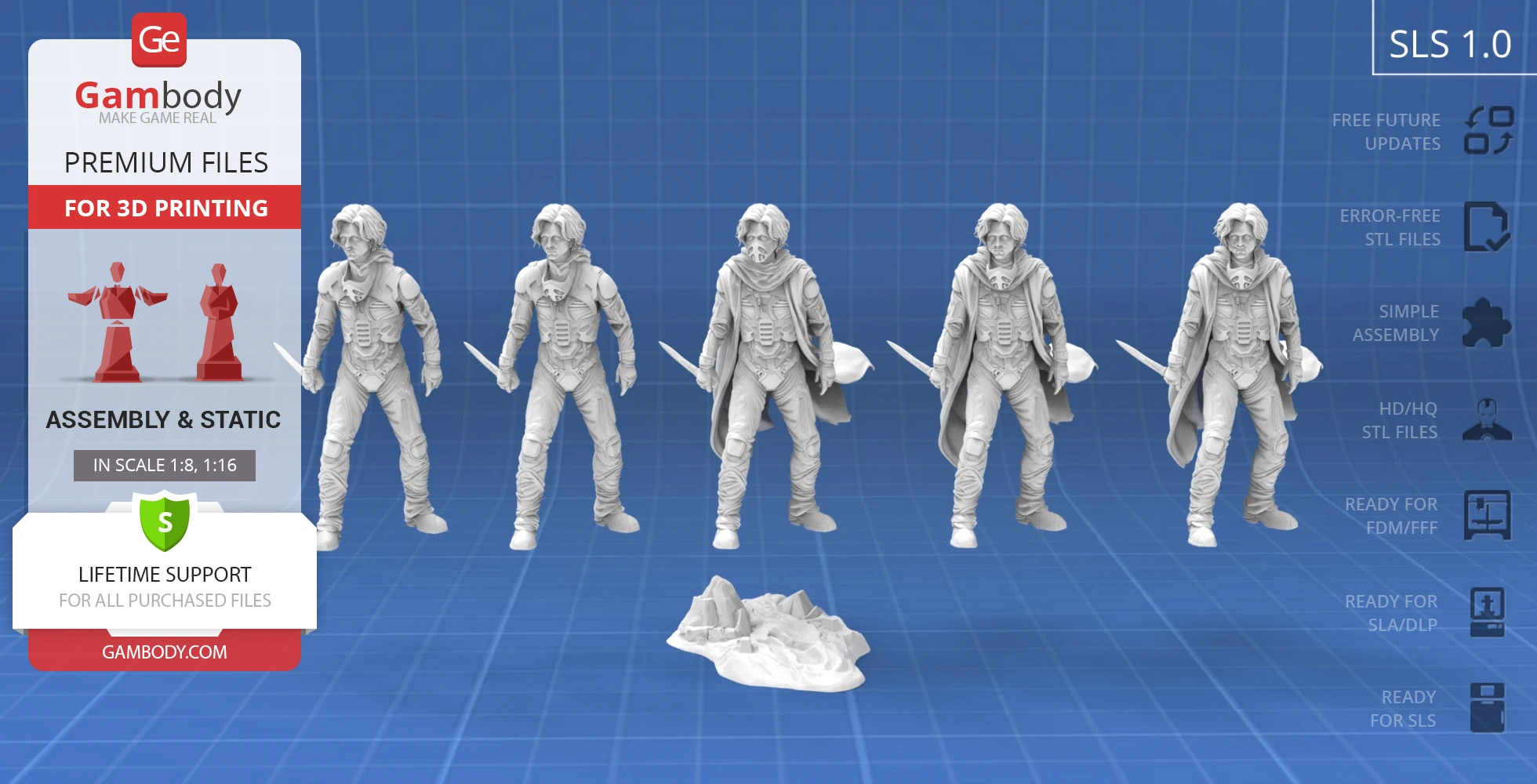 Five 3D-printed figures of a character in a detailed suit with knives, displayed on a blue grid background.
