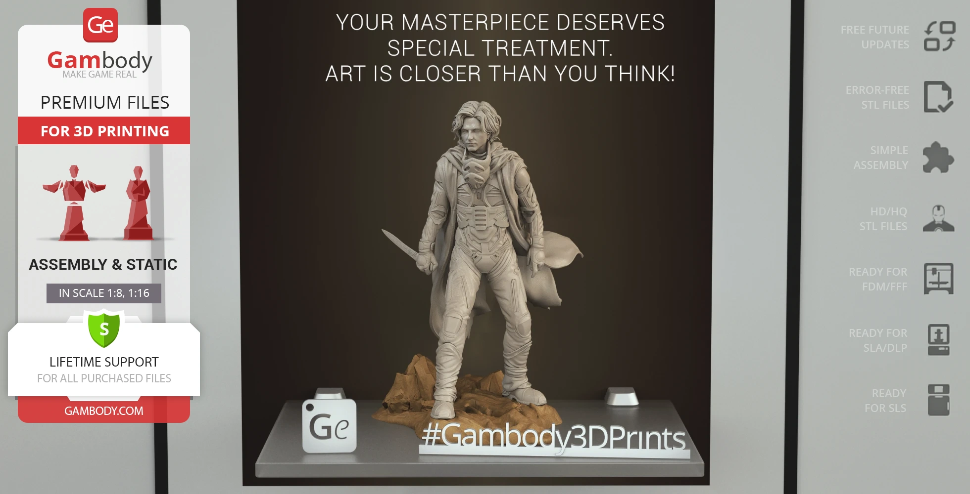 A detailed 3D model of a character in armor, holding a weapon, standing on a rocky base for printing.