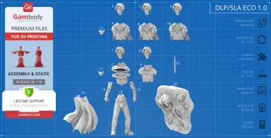 3D printable parts layout for a model character with clothing and accessories on a blueprint background.