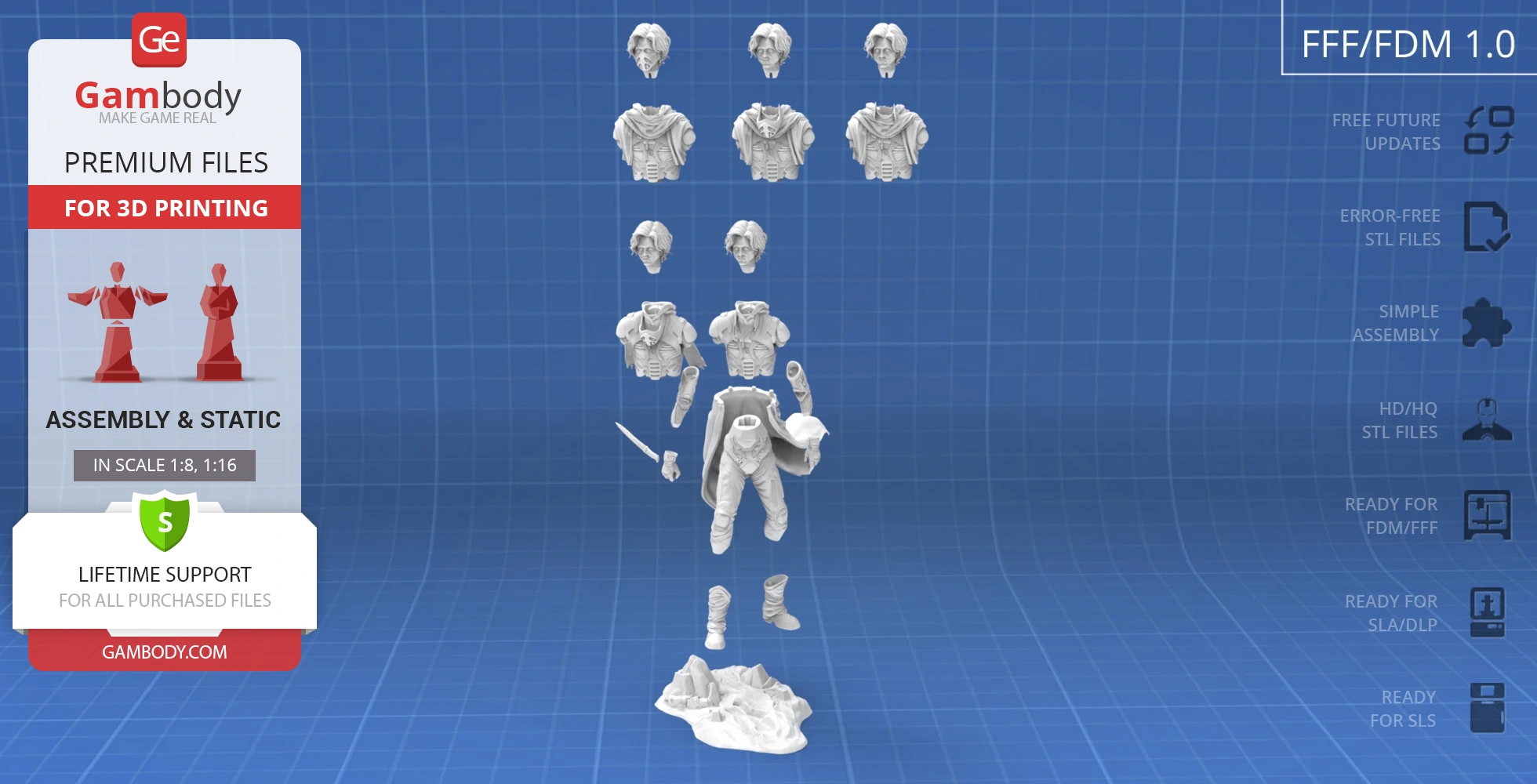 3D model parts of a character in tactical attire with interchangeable heads and a base for assembly.