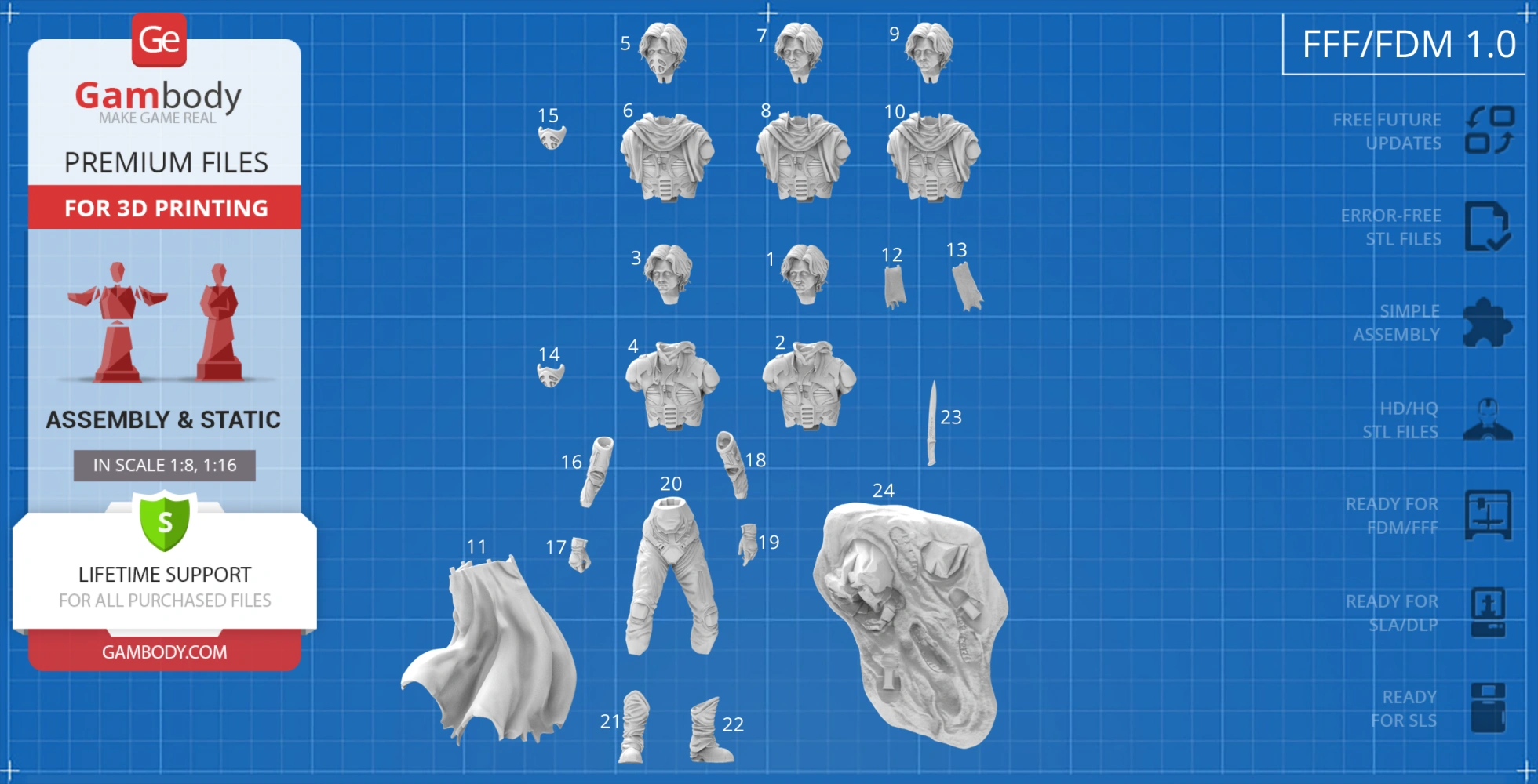 3D model assembly parts for Paul Atreides figure, including head, torso, arms, legs, and accessories.