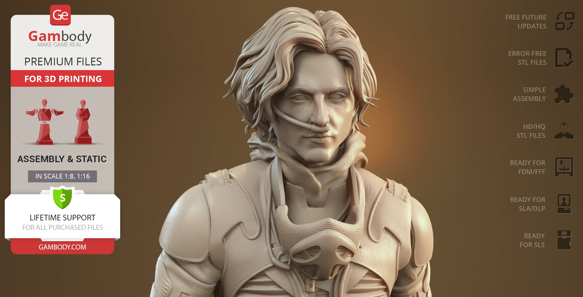A detailed 3D model of a character with wavy hair and a sci-fi suit, designed for 3D printing.