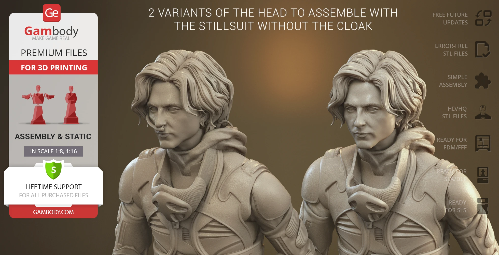 3D model of a male character in a stillsuit, featuring two head variants for 3D printing.