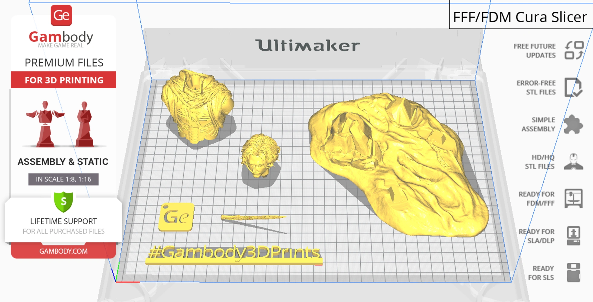 3D printing layout with parts of a character model, including torso, head, and additional elements.