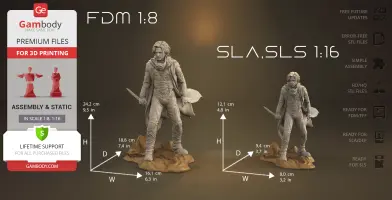 3D model of a character in detailed armor with a cape, holding a knife, on a rocky base.