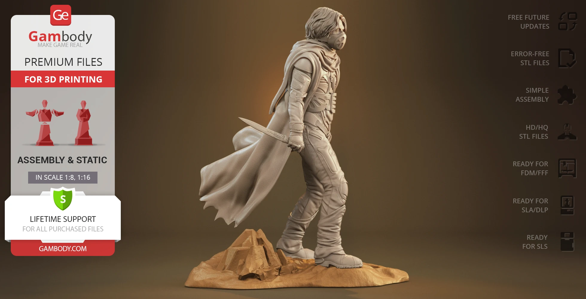 A detailed 3D statue of a cloaked figure with a knife, standing on rocky terrain, designed for 3D printing.