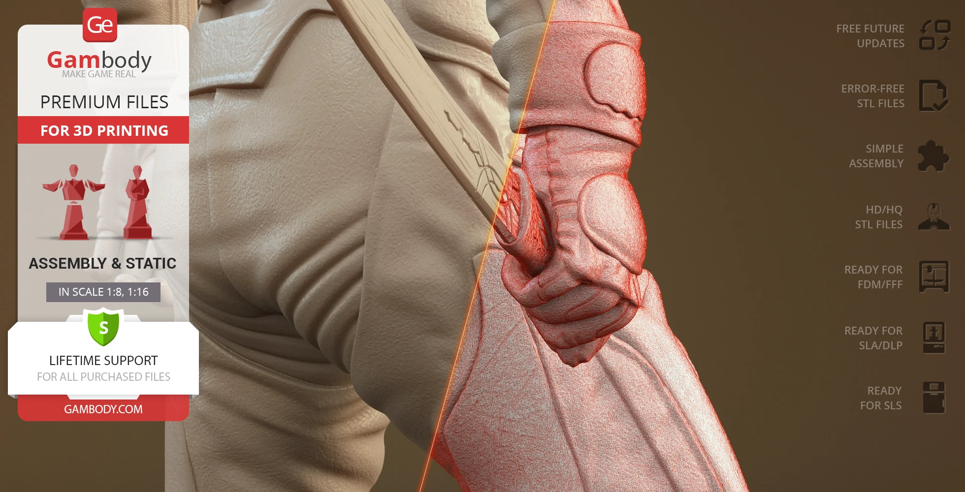 A close-up of a detailed 3D model showing a robed figure gripping a sword, with texture and assembly details.