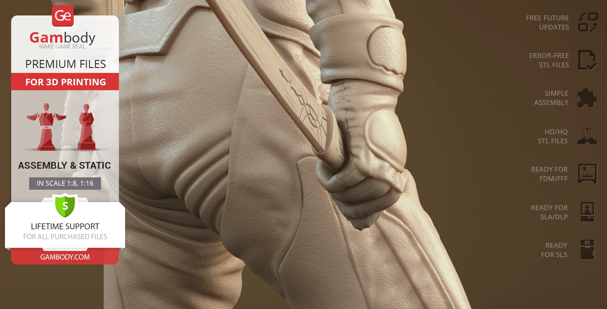Close-up of a 3D model's hand gripping a detailed sword, with visible textures on the clothing.