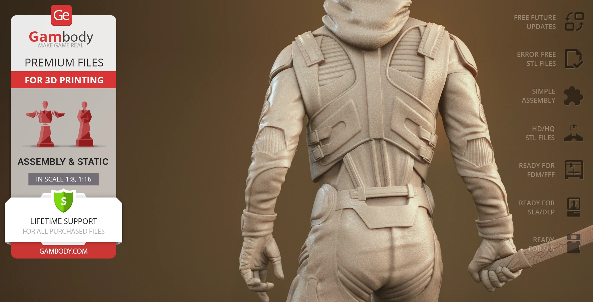 A detailed 3D model of a figure in a futuristic outfit, seen from the back, holding a sword.