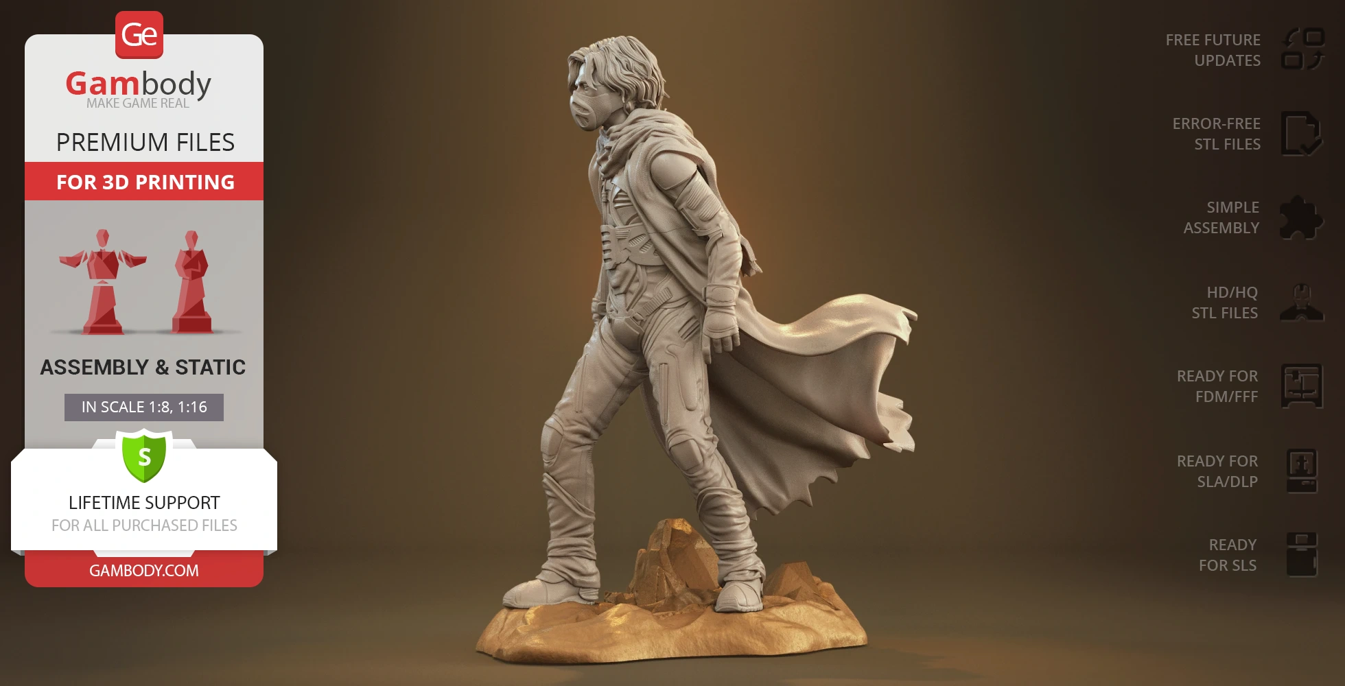 A 3D printed figure of a robed character on a rocky base, with windswept hair and detailed armor.