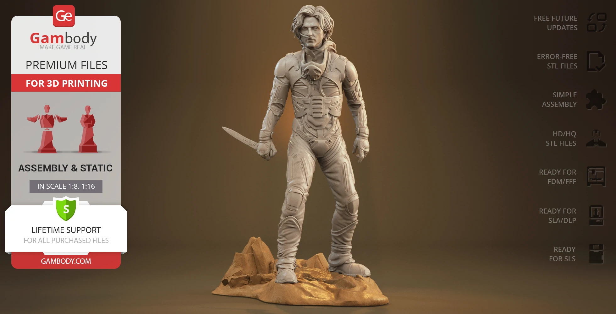 A detailed 3D model of a male character in armor holding a knife, standing on a rocky base for 3D printing.