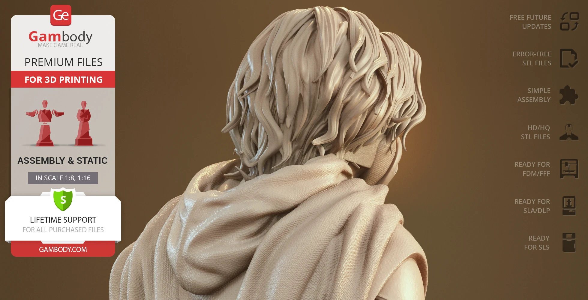 3D model of a figure with detailed hair and a textured cloak, seen from the back, prepared for printing.