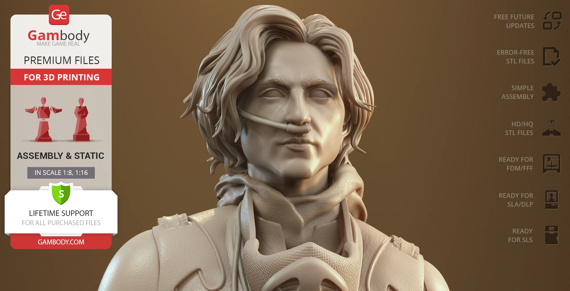 A detailed 3D model bust of a character with wavy hair and a breathing apparatus, designed for 3D printing.