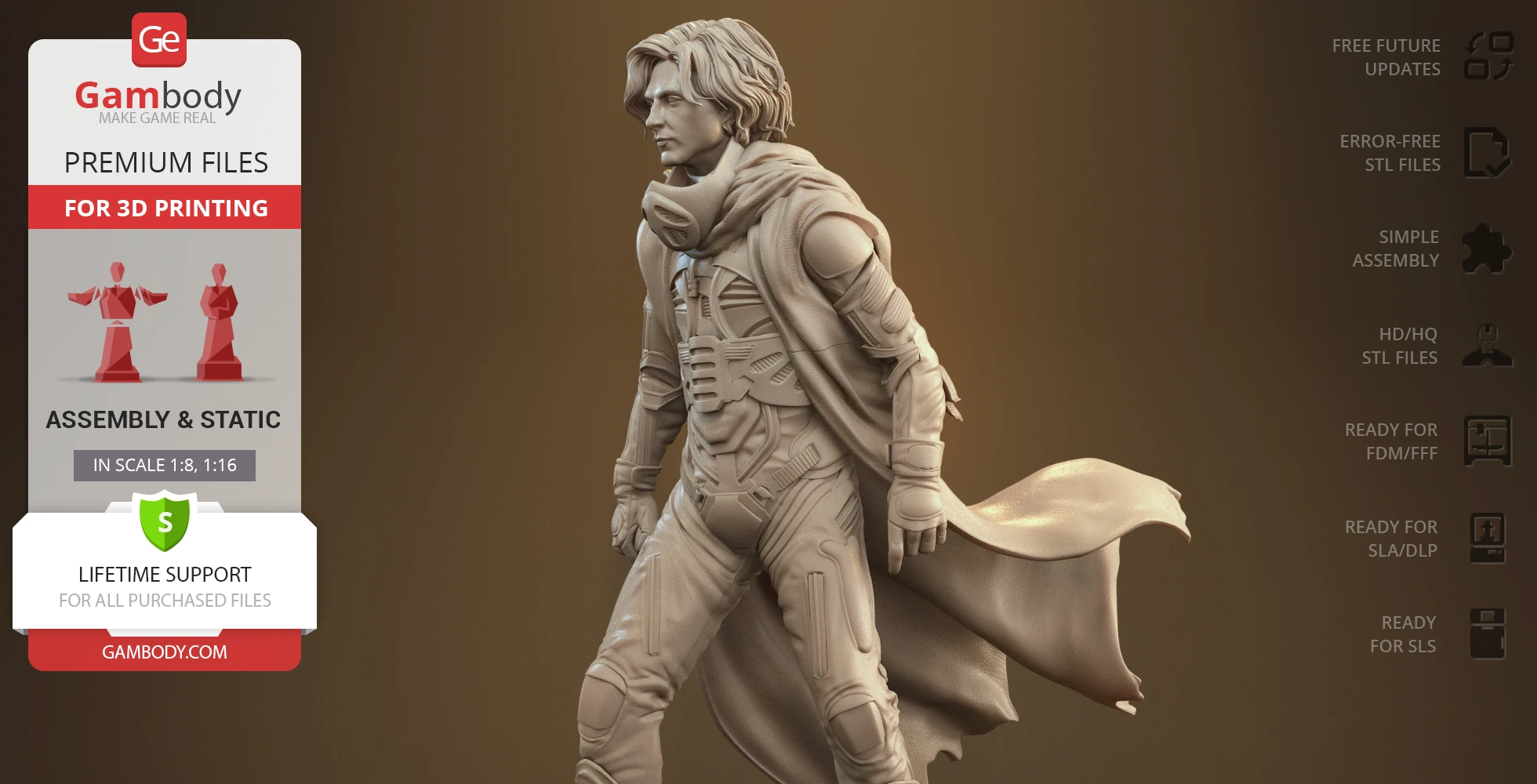 A detailed 3D model of a man in futuristic armor and a flowing cape, suitable for 3D printing.