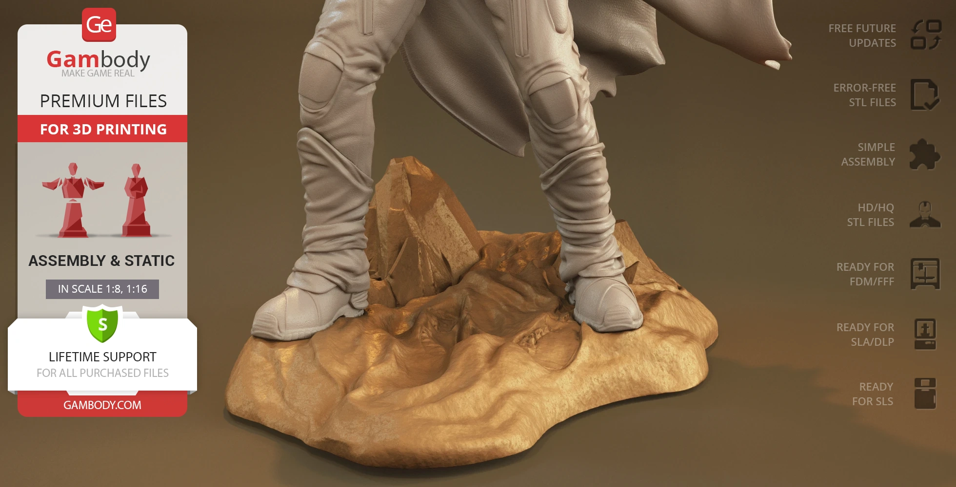A 3D model of legs in desert attire standing on a rocky base, suitable for 3D printing.