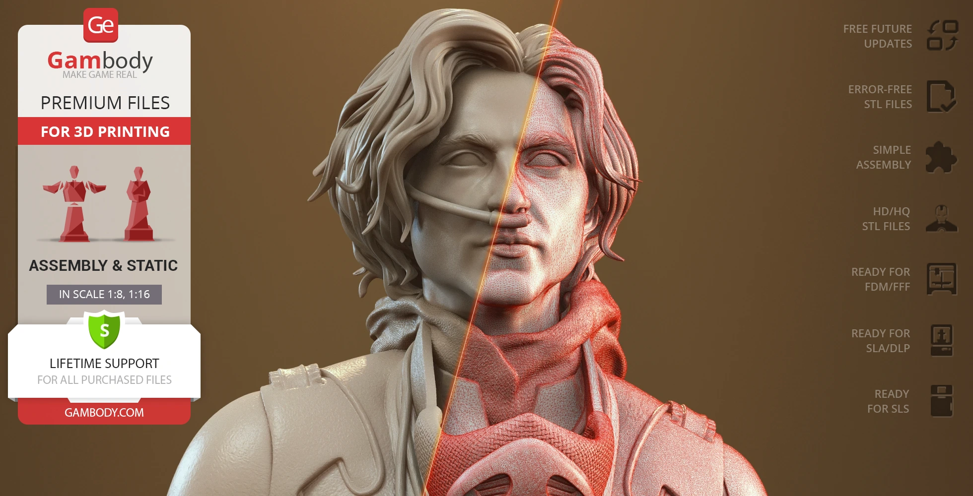 3D model of a male character with detailed hair and clothing split into smooth and textured halves.