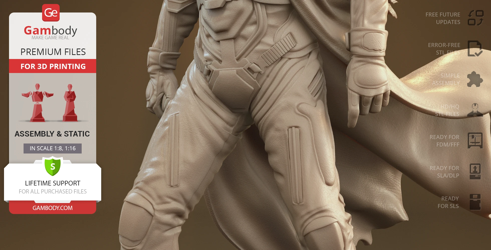 3D model of a futuristic armored figure, with detailed suit and cloak, ready for printing.