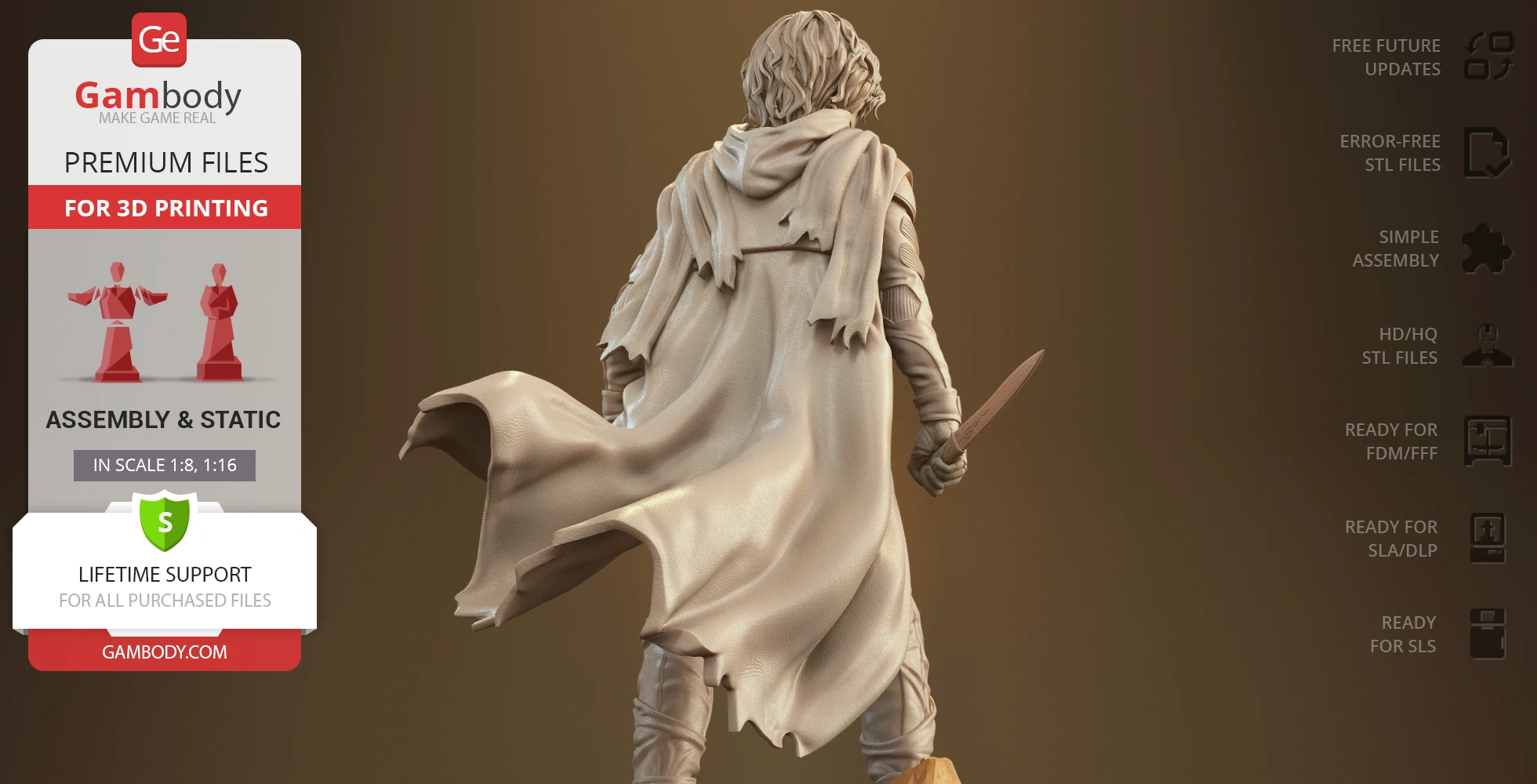 A 3D model of a cloaked figure holding a knife, viewed from behind, for 3D printing.