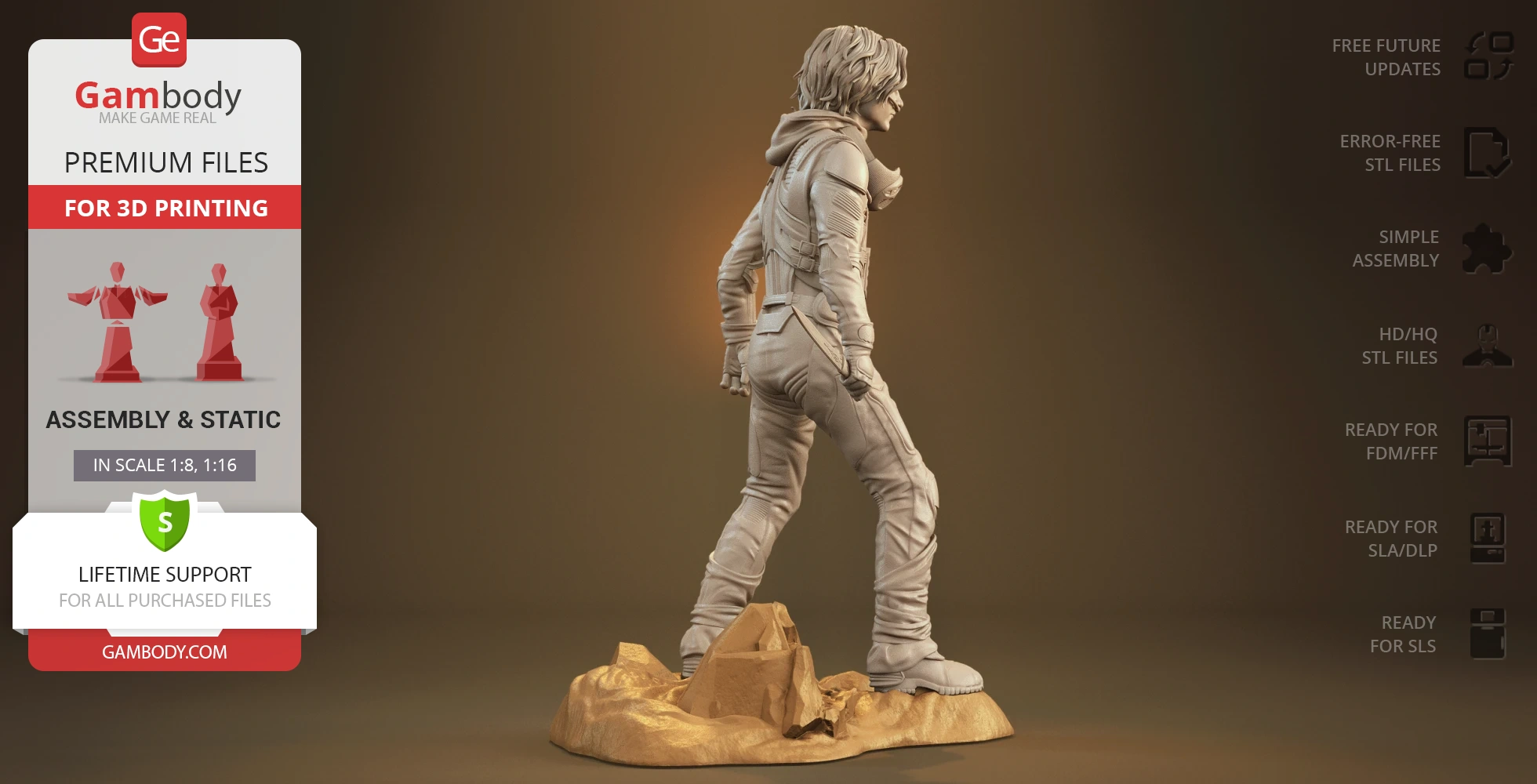 A detailed 3D model of a sci-fi character in a suit, walking on a rocky surface, designed for 3D printing.