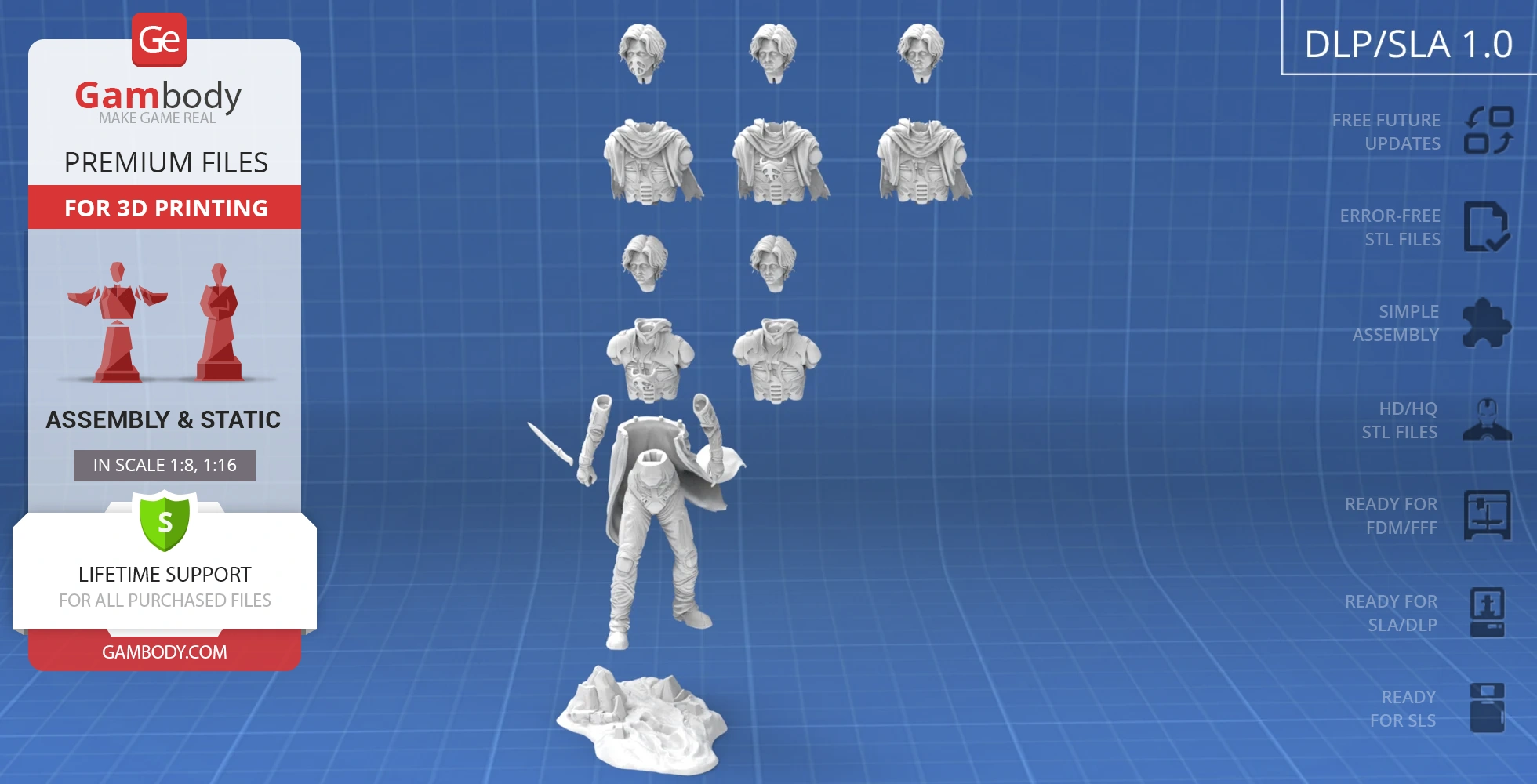 3D print model of Paul Atreides, with interchangeable heads and torsos, ready for assembly.