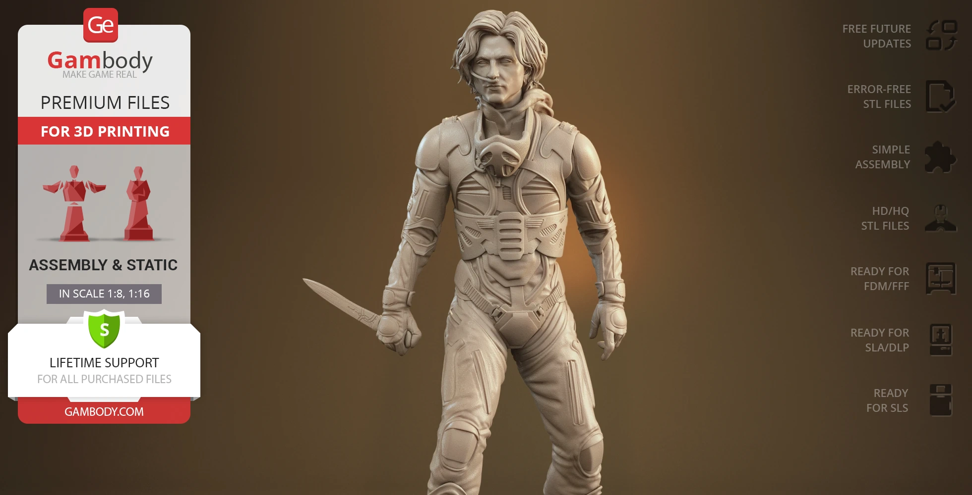 3D model of a person in futuristic armor holding a sword, designed for 3D printing.