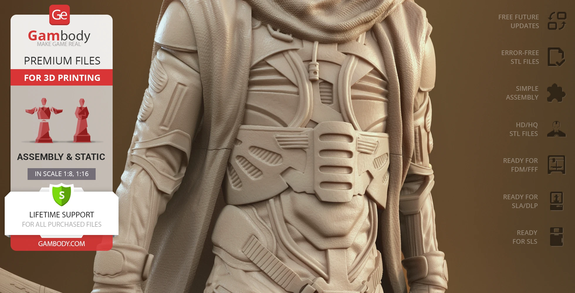 Detailed 3D model of a futuristic armored suit with intricate designs, ready for 3D printing.
