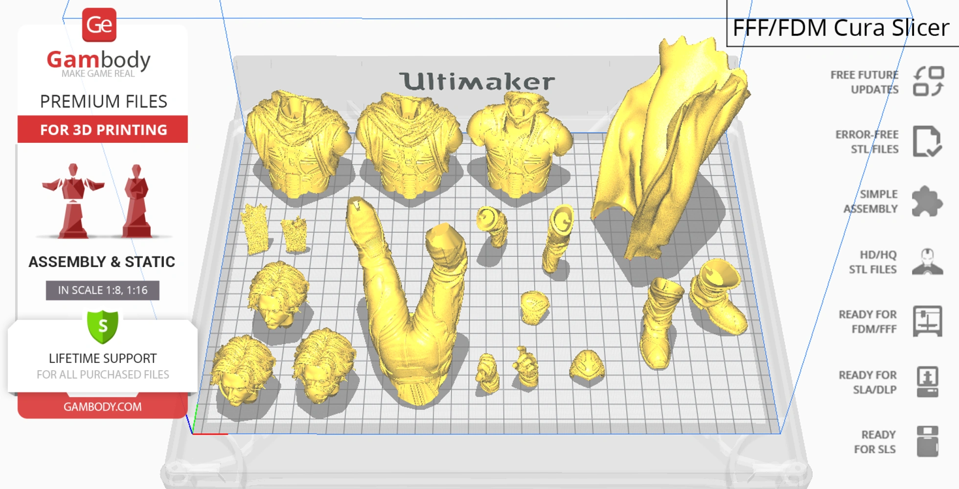 3D model parts for Paul Atreides: torso, heads, arms, legs, and cape on a grid, ready for printing.
