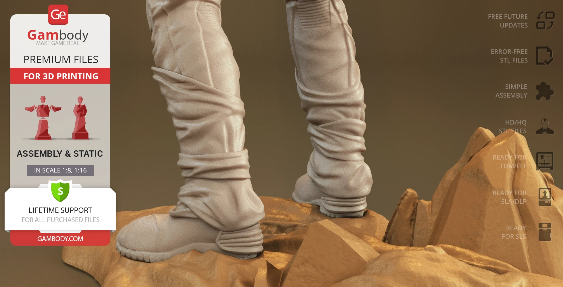 Boots on rocky terrain, accompanied by 3D printing promotional elements from Gambody.