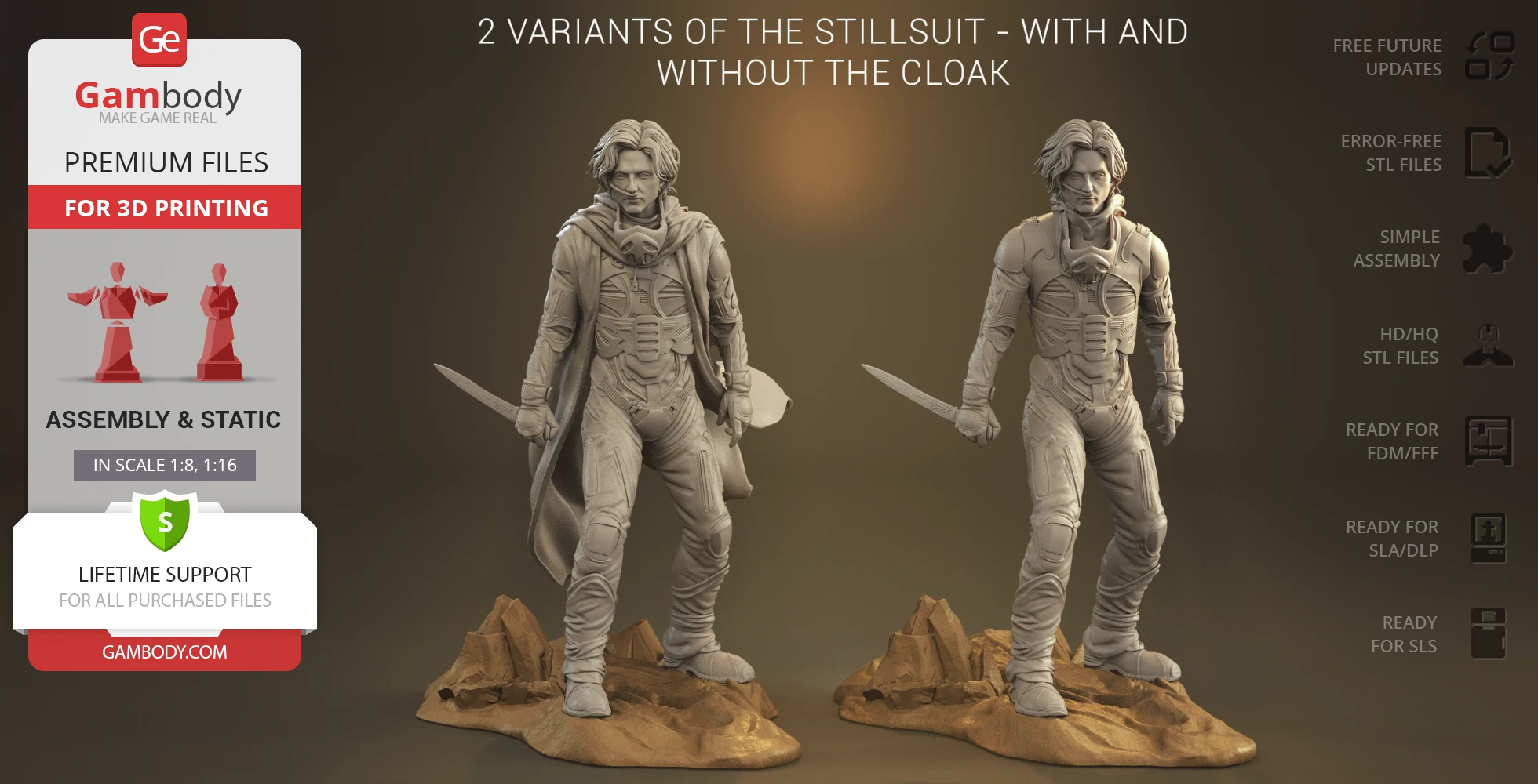 3D models of a male figure in a stillsuit with and without a cloak, holding a knife, on a rocky base.