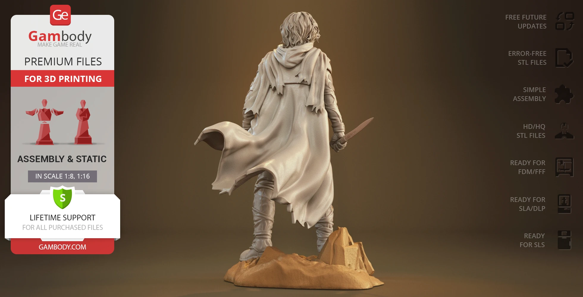 A figure in a flowing cloak holding a knife, standing on a rocky base, with details for 3D printing.