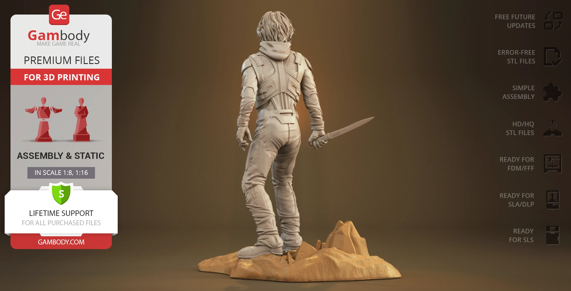 A 3D model of a person in detailed armor holding a knife, standing on a rocky base, suitable for 3D printing.