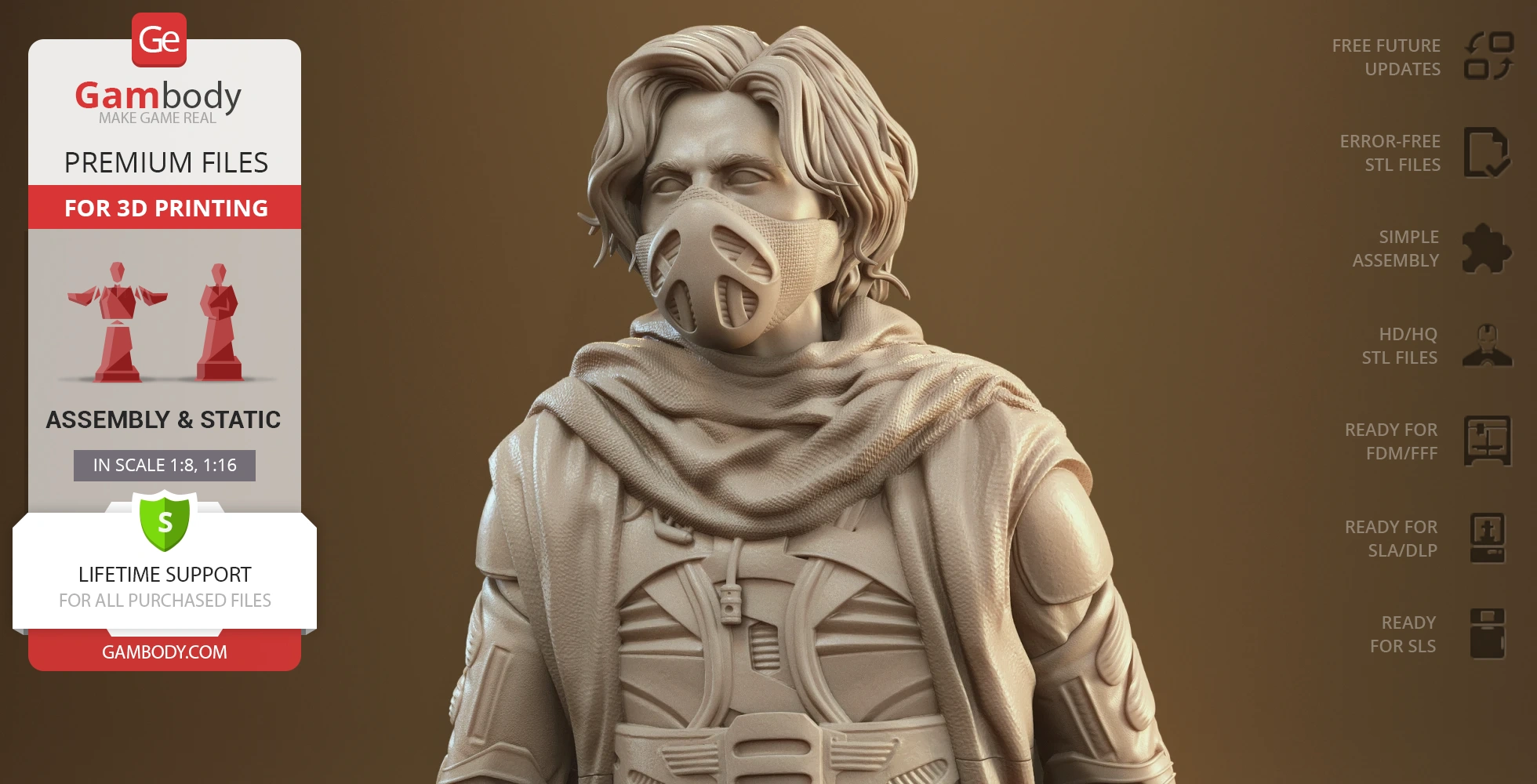 A 3D model of a character wearing a mask and textured cloak, designed for 3D printing.