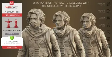Three 3D printed models of a character with a cloak and suit, featuring different head variants.