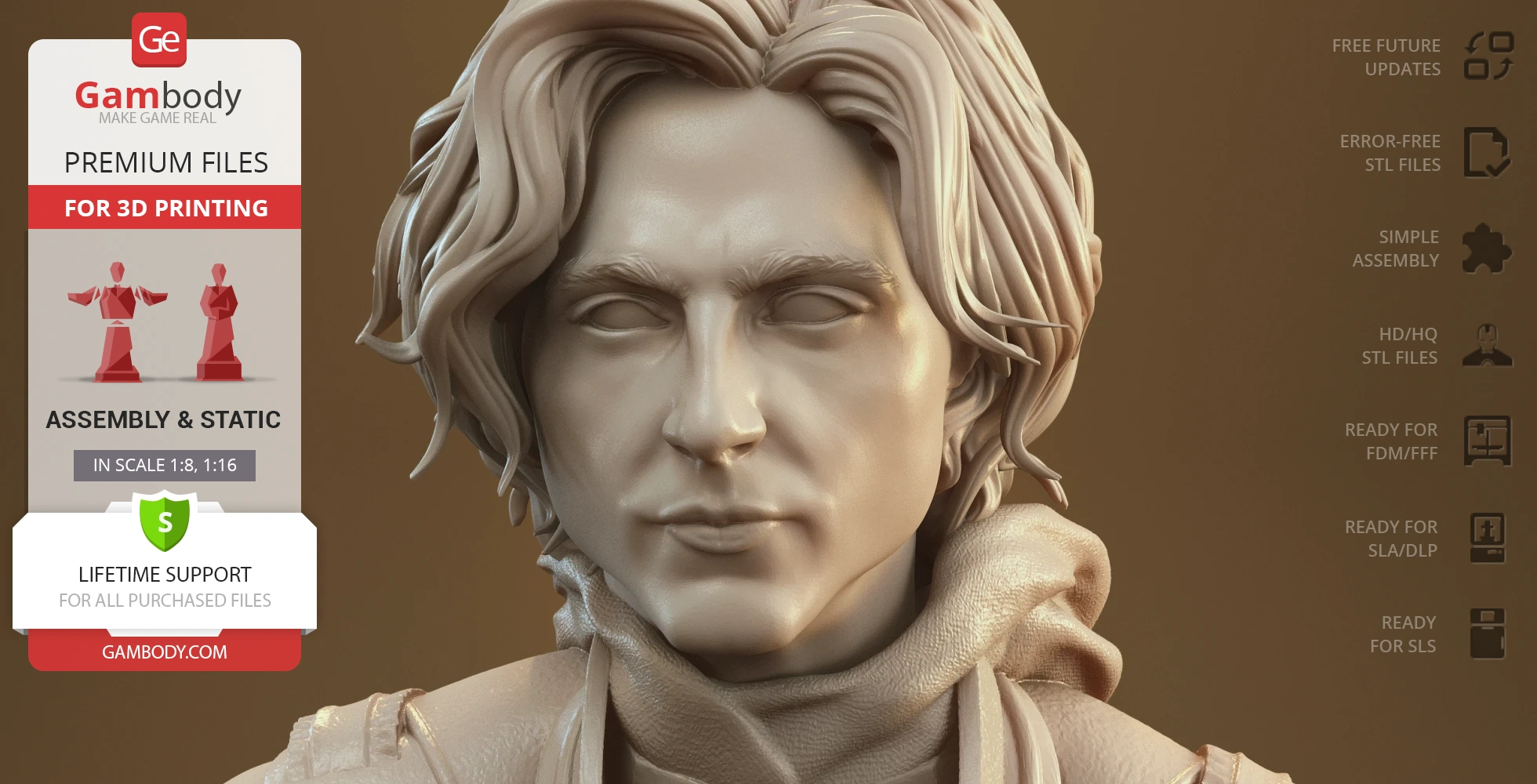 3D model of a character with detailed hair and clothing, suitable for 3D printing.